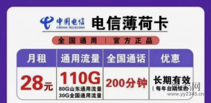 山东电信薄荷卡 28元包200分钟+110G流量